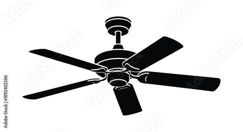 A stark black ceiling fan is depicted against a white background showcasing its five blades and central motor housing silhouette