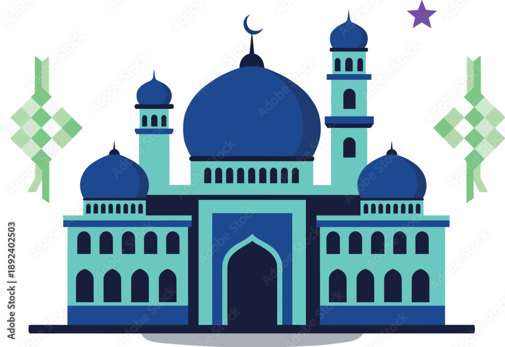 Fototapeta premium Modern mosque building illustration with blue domes, crescent moon and Islamic ketupat decorations, Ramadan and Eid celebration vector design