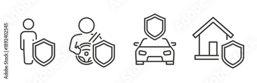 Insurance set icons, contains such as assurance driver, home, life human, insurance car, line art vector
