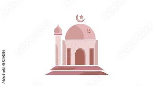 Animated mosque illustration featuring dome, minaret, and crescent moon in clean flat styles, suitable for Islamic themes, Ramadan content, religious presentations, apps, and motion graphic projects.