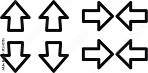 Outline arrow icons set showing up down left right directions, simple navigation symbols for user interface controls isolated on white vector