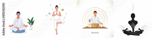 Wellness and Meditation Practices Banner: Illustrations of Yoga Poses, Chakra Activation, Sound Therapy, and Mindfulness for Inner Peace.