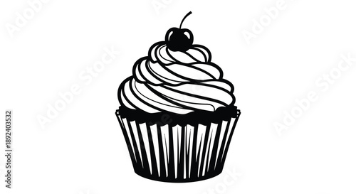 A detailed black and white illustration depicts a beautifully frosted cupcake with a cherry on top presented as a silhouette high quality