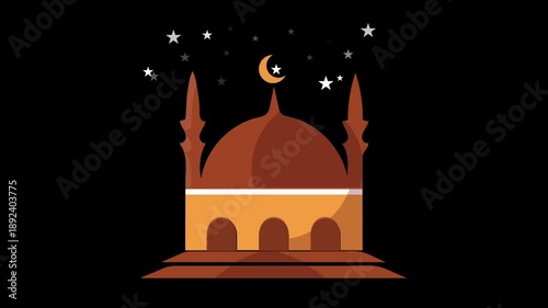 Animated mosque illustration featuring dome, minaret, and crescent moon in clean flat styles, suitable for Islamic themes, Ramadan content, religious presentations, apps, and motion graphic projects.