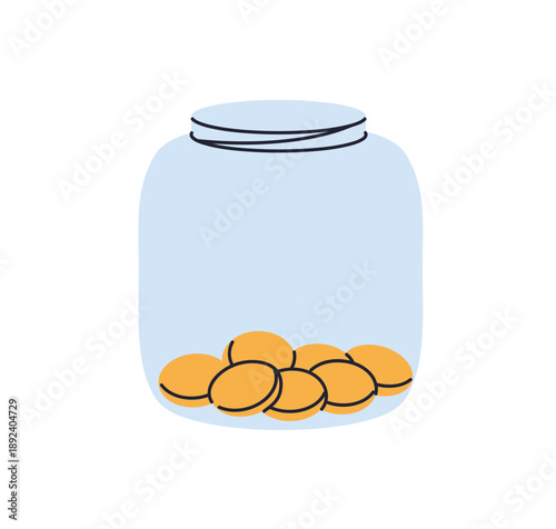 Coins inside glass jar. Saving money. Budget, finance and investment concept. Cash deposit, charity, donation container. Collecting tips, change. Flat vector illustration isolated on white background
