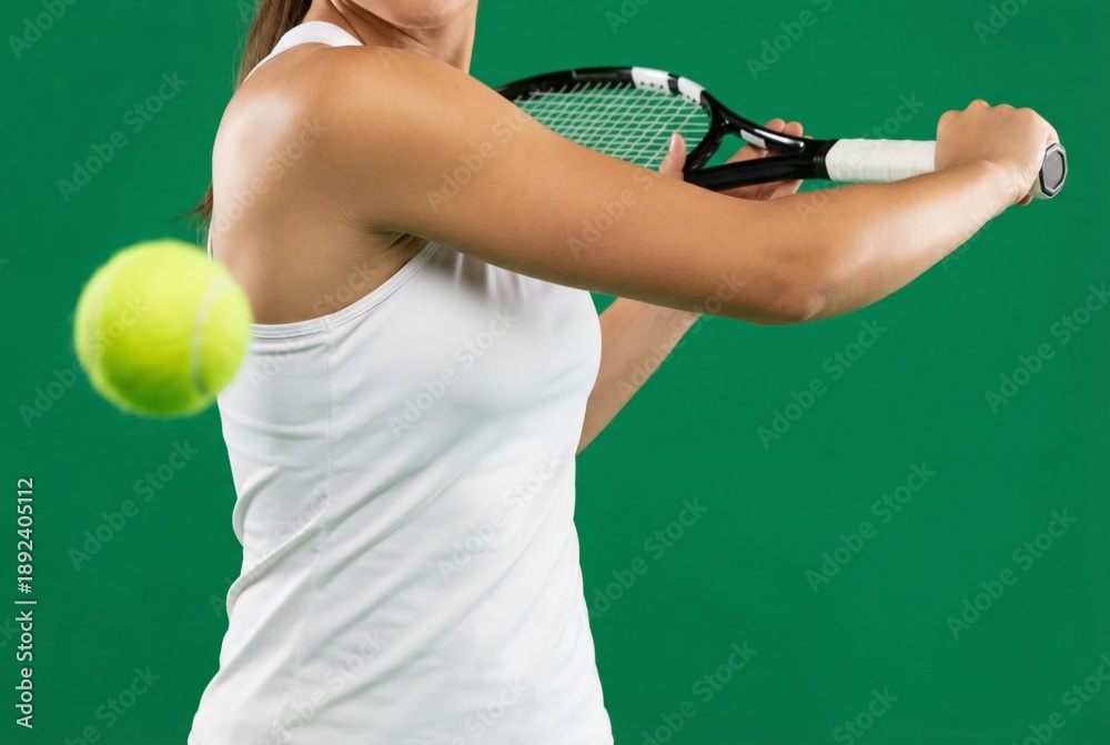 Obraz premium Female athlete wearing a white tank top swinging a tennis racket, hitting a yellow ball with motion blur against a solid green background, showing active sport action
