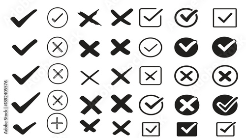 Black Check Mark and Cross Mark Vector Icon Set isolated on White Background