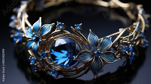 A gold ring with a blue stone, jewelry. A precious sapphire ring. Retro-style jewelry with a floral pattern and a blue diamond. A magical ring from a fairy tale.