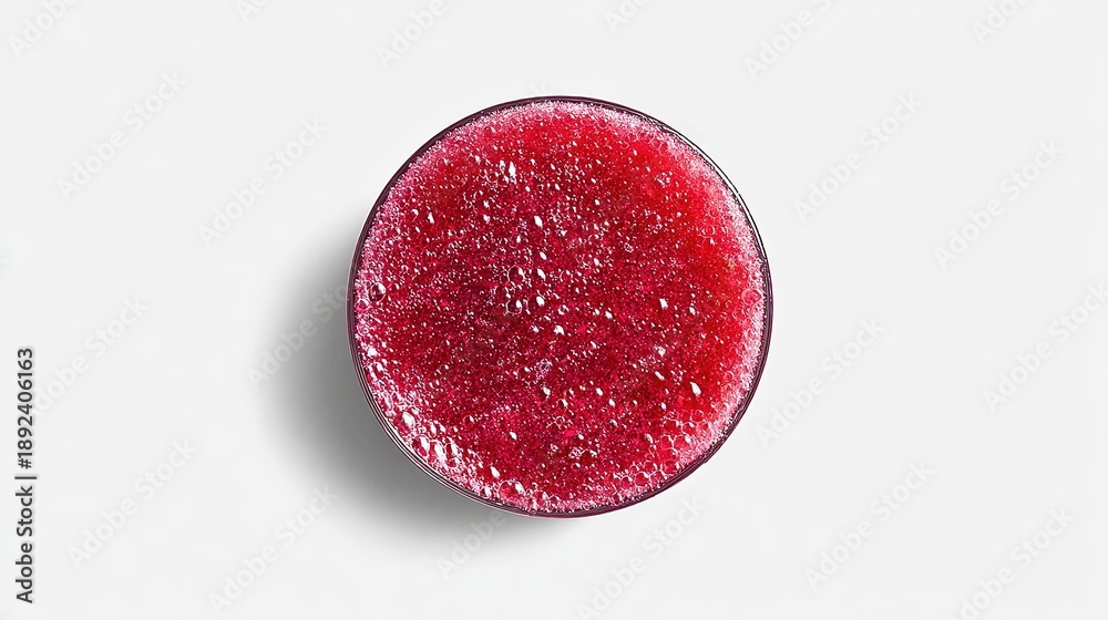 Fototapeta premium Vibrant red frothy beverage in a clear glass viewed from overhead on a minimalist white surface