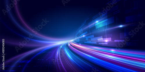 Abstract futuristic digital technology background vector illustration featuring glowing light trails and dynamic data flow with left copy space for text in cyber space, suitable for ai, big data, fint