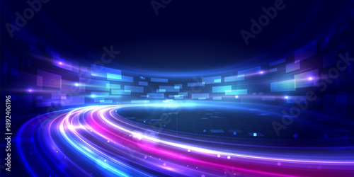 Abstract futuristic digital technology background vector illustration featuring glowing light trails and dynamic data flow in cyber space, suitable for ai, big data, innovation, fintech, and modern te