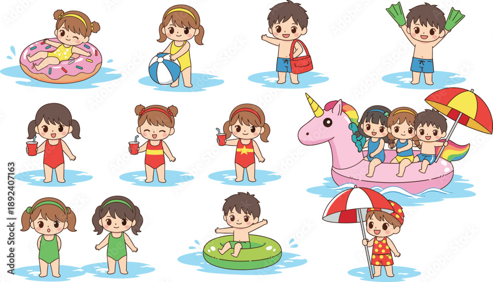 Obraz premium Cute children swimming and playing in water during summer vacation cartoon vector illustration