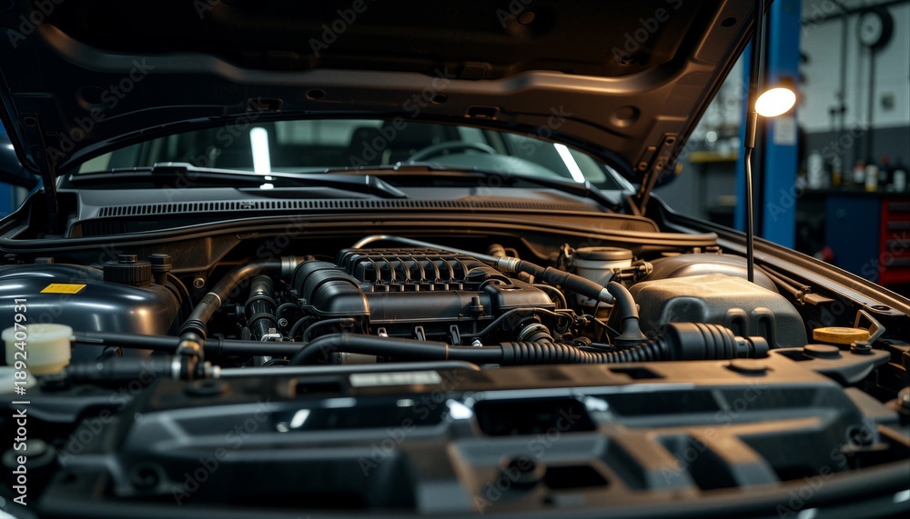 Obraz premium Engine under the hood of a car