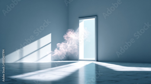 Serene white room features open door, allowing soft, ethereal smoke to drift in. interplay of light and shadow creates tranquil atmosphere, evoking sense of calm and mystery