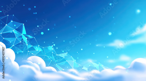 Abstract cloud computing concept features soft blue gradients with geometric shapes and fluffy clouds, creating serene and modern atmosphere