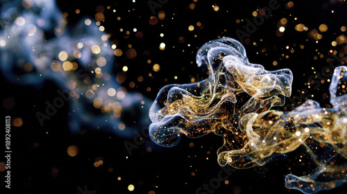 Abstract clouds of glitter in clear liquid shimmer with golden hues, creating mesmerizing visual effect. interplay of light and texture evokes sense of wonder and beauty