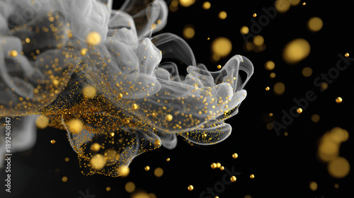 Abstract clouds of glitter in clear liquid shimmer with gold and black tones, creating mesmerizing visual effect. dynamic movement evokes sense of elegance and beauty