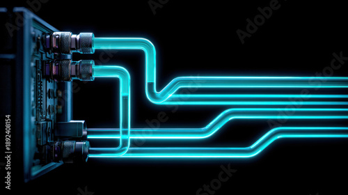 Abstract cooling system with neon blue liquid flowing through tubes, showcasing futuristic design. vibrant colors and sleek lines create captivating visual experience
