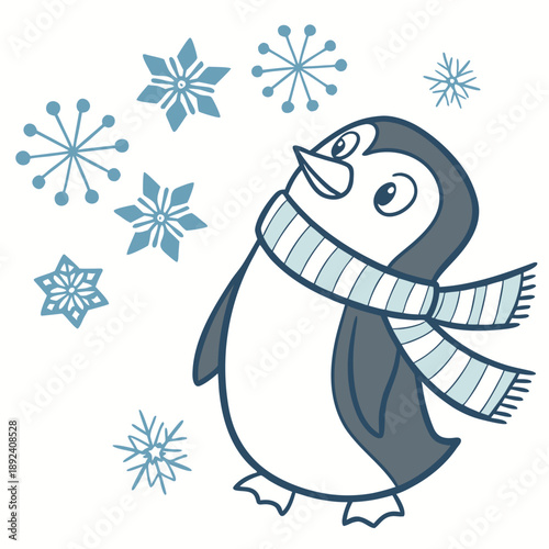 Cute Curious Penguin, accessorized with with a scarf, in a Cozy winter world – Frosty Winter palette vector