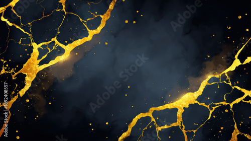 Abstract dark black marble with glowing gold veins creates striking visual contrast, evoking sense of elegance and luxury. chaotic patterns enhance overall aesthetic appeal