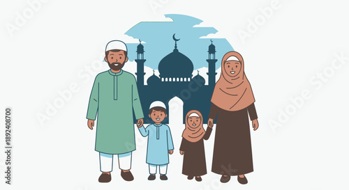A Muslim family, including parents and two children, standing together in front of a mosque with a crescent moon, symbolizing Islamic culture and faith.