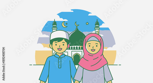 Smiling Muslim children, a boy and a girl, standing happily in front of a mosque with green domes and crescent moons in the sky, depicting Islamic culture.