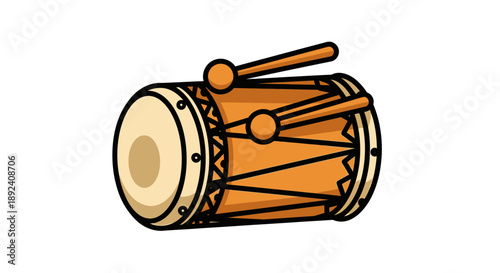 Cartoon illustration of a traditional Indian dholak drum with two drumsticks.