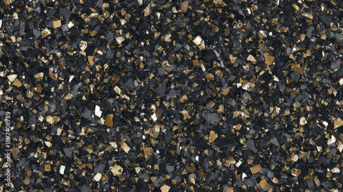 Abstract dark granite with sparkling mica flakes creates chaotic yet captivating surface. blend of dark tones and shimmering gold accents evokes sense of elegance and depth