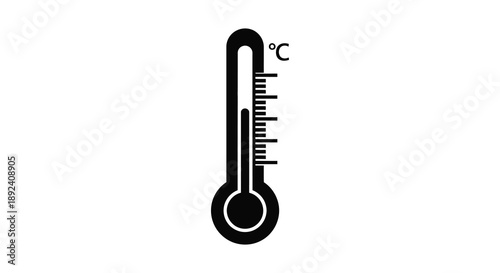 A simple black thermometer icon displays a moderate temperature reading featuring a clean and distinct silhouette high quality professional detailed