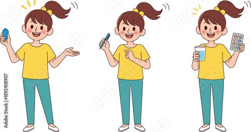 Cute girl character using medical thermometer and medicine for health care cartoon vector illustration