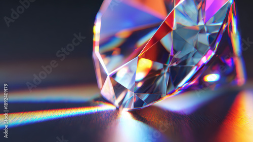 Stunning crystal diamond reflecting vibrant rainbow light creates mesmerizing visual effect. intricate facets of diamond capture and scatter light, producing beautiful chaos of colors