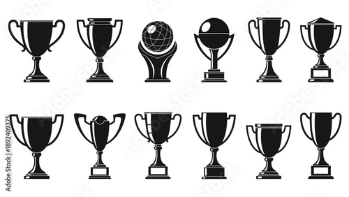 Trophy and Award Silhouette Vector Collection: Champion Cups, Prize Goblets, Winner Rewards, Tournament Achievements, Competition, and Success Icons for Design.