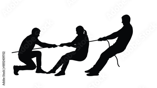 Tug of War Silhouette Set, People Pulling Rope for Competition and Teamwork, Strength and Collaboration in Business Strategy, Vector Group Activity