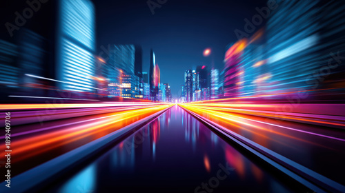 Futuristic cityscape at night with vibrant motion blur, showcasing bright lights and reflections on smooth surface. scene evokes sense of speed and modernity