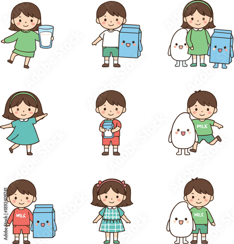 Cute kids character collection with school bag, milk bottle and friendly mascot cartoon vector illustration