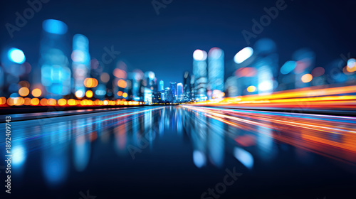 Abstract motion blur of futuristic cityscape at night, showcasing vibrant lights and reflections on water, creating dynamic and energetic atmosphere