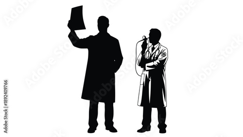 Two male doctors in lab coats silhouette, one holding an X-ray film and the other with a stethoscope, medical diagnosis.