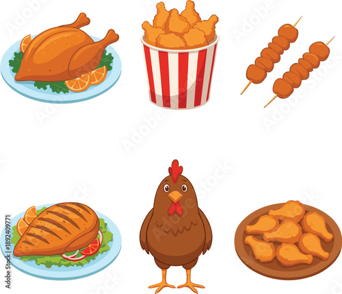 Fried chicken food collection with grilled, roasted, nuggets and fast food vector illustration