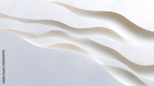 Abstract minimalist paper cutouts create layered white textures, evoking sense of calm and simplicity. flowing lines add depth and dimension to composition, enhancing visual interest