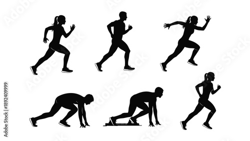 unning sprinter silhouettes set, athletic people racing on track, starting blocks pose, marathon runners, jogging fitness icons for sports competition branding,