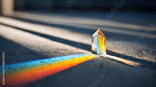 Crystal prism refracts light, creating vibrant rainbow spectrum on concrete surface. interplay of colors and shadows evokes sense of wonder and beauty