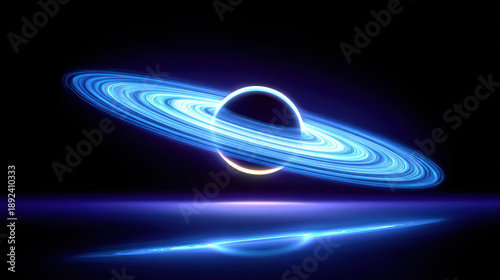 Glowing planet with concentric rings emits vibrant light against dark background, creating mesmerizing cosmic scene. reflection on surface adds depth and intrigue to image