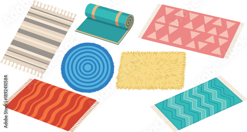 Colorful rug and carpet collection with modern patterns and textured floor mat designs vector illustration