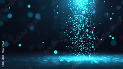 Magical blue glitter particles fall slowly, creating mesmerizing effect reminiscent of fairy dust. enchanting scene evokes sense of wonder and tranquility