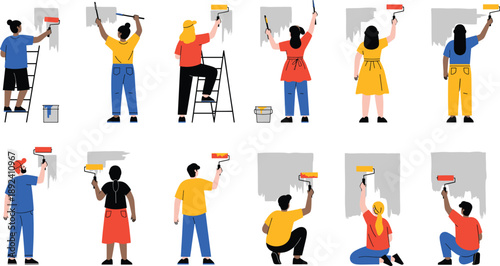 People painting walls collection with rollers, ladders and home renovation work activities flat vector illustration