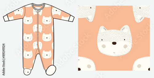 Cute Seamless kitten pattern. Hand drawn baby cat face vector background. Peach nursery textile design.