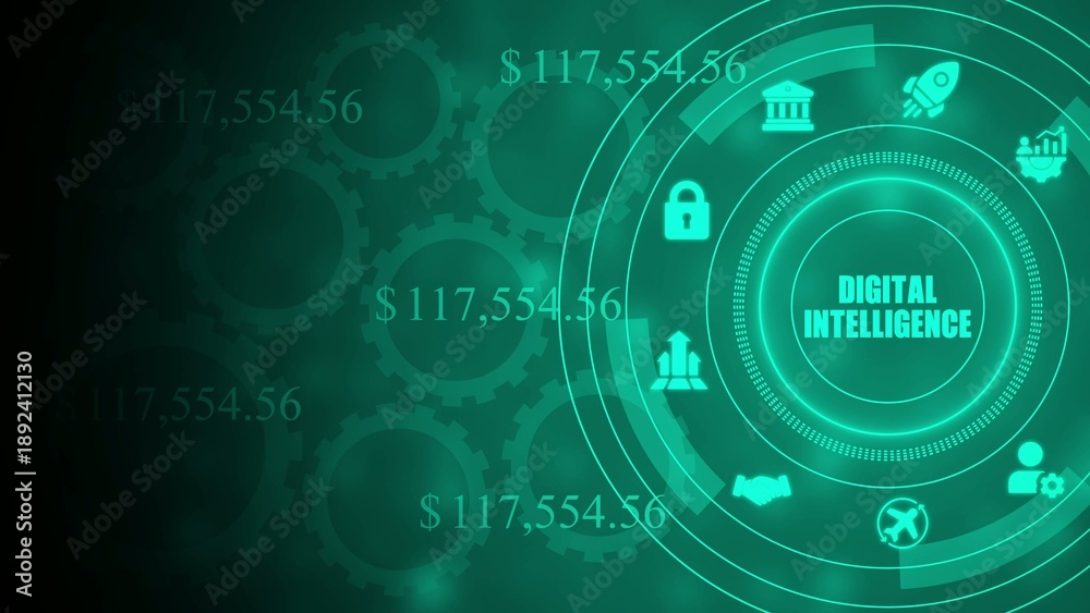 Fototapeta premium Digital intelligence concept with glowing green dashboard and financial data gears