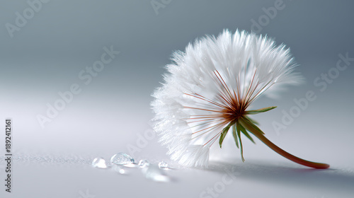 Floating white dandelion fluff rests gracefully on smooth surface, accompanied by delicate water droplets, creating serene and tranquil atmosphere