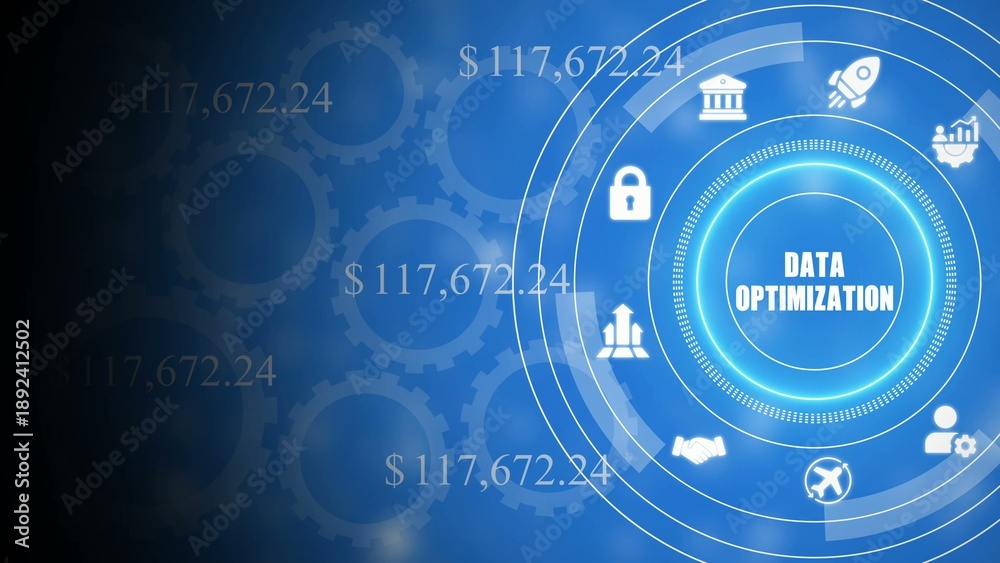 Obraz premium Blue data optimization infographic with white and dollar amounts blue background white gears