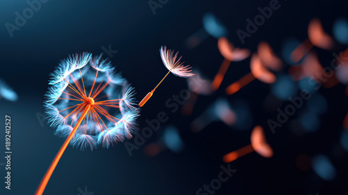 Glowing dandelion seeds float gracefully in wind, illuminated by soft lighting, creating serene and magical atmosphere